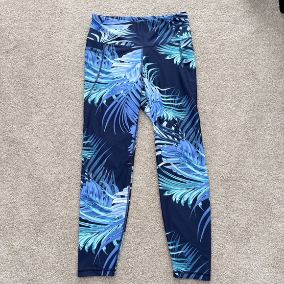 Old Navy Active Pants - Old Navy Elevate Legging Women Large Blue Tropical Palm Go-Dry Activewear